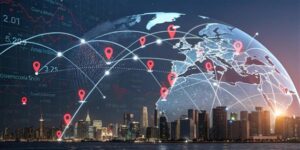 日本本社と海外現地法人との連携によって事業展開の向上を示している図